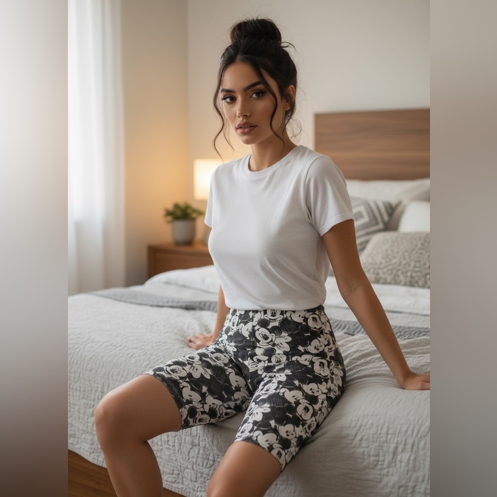 Disney Mickey Mouse Women's Shorts Black White All-Over Design Extra Tight Fit M